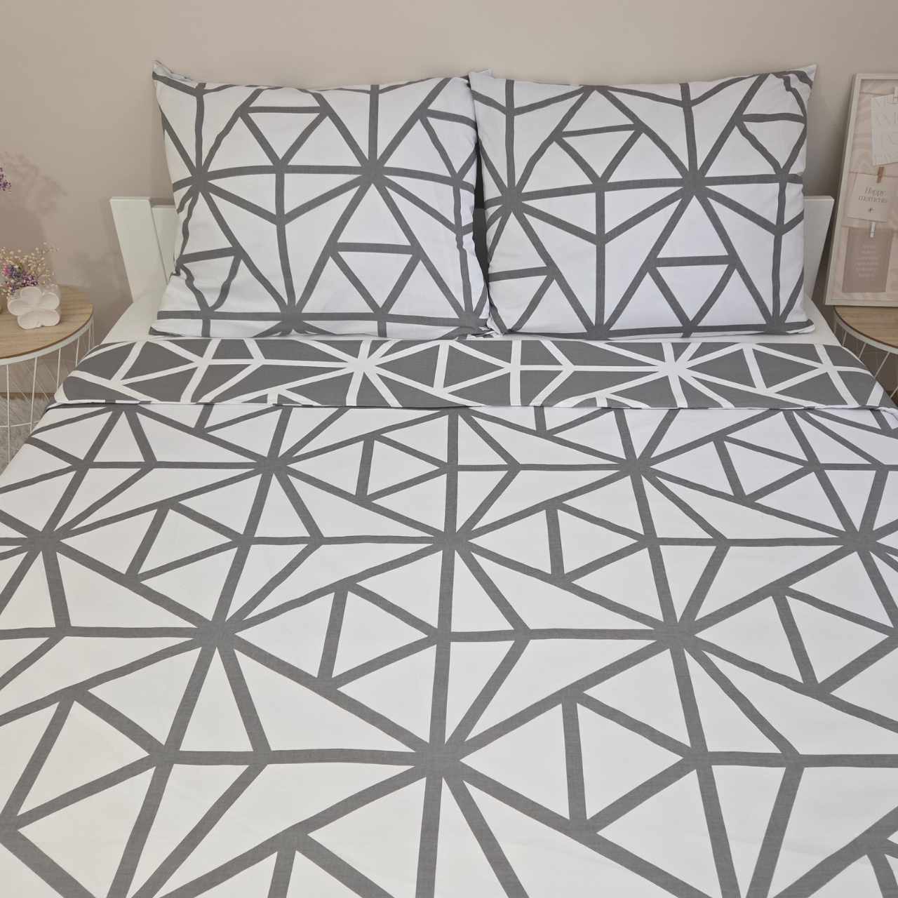 Komplet Pościeli Geometria biało-szara dwustronna 100% Bawełna
